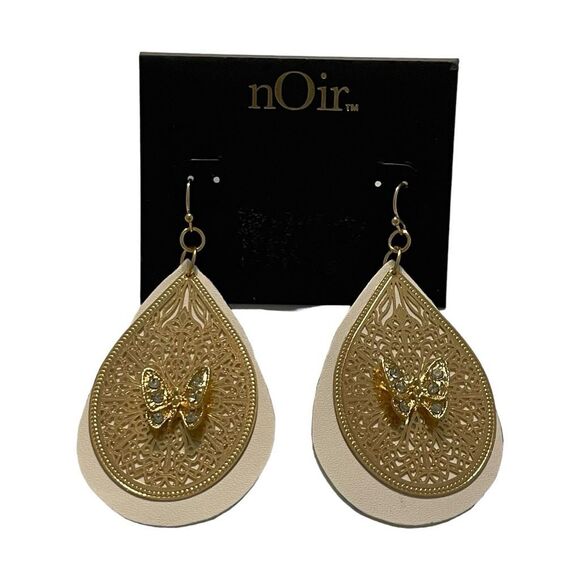Noir Butterfly Statement Earrings 14K Gold Plated Brass CZ Dangle Pierced - Picture 1 of 3
